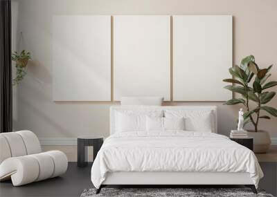 Mockup of three empty frames, modern design, mockup for picture advertising, living room Wall mural