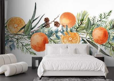 Christmas composition. Seamless border. Christmas watercolor decoration with spruce branches, cones, oranges and berries. Wall mural