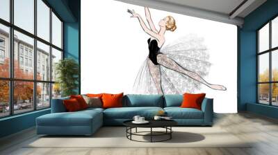 The Portrait of a Young Ballerina in a Lacy Dress. Vector Illustration of a Ballet Dancer Girl. Free Hand Draw. Realistic Freehand Drawing. Classical Dance. Costume Design Sketch. Sketched Tutu Dress. Wall mural