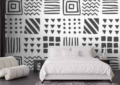 Vector seamless geometric pattern of hand-drawn squares, stripes, lines, dots, triangles, zigzags.  Wall mural