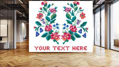 Card with space for text. Embroidered cross-stitch bouquet of flowers isolated on white background Wall mural