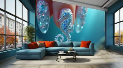 a beautiful seahorse floats near a woman's hand with blue sequins on her nails Wall mural