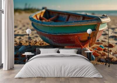 a colorful boat is on the beach with a shell on the side. Wall mural