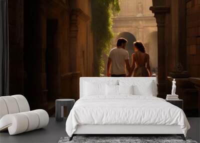 A couple's journey through a historic city, where architectural wonders and a romantic ambiance envelop them. Wall mural