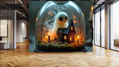 a creepy house in a glass jar with a ghost. A Halloween gift Wall mural