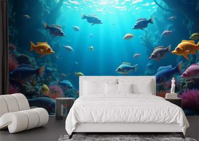 a fish tank with many colors and a large amount of fish swimming in it. Wall mural