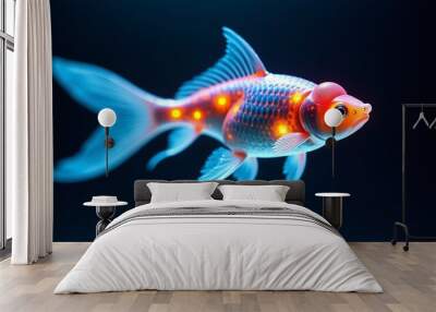 A goldfish with orange and white spots is depicted on a blue background. Wall mural