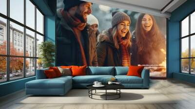 A group of friends laugh together beside a fiery grill in a snowy setting, illuminated by the golden light of dusk. Wall mural