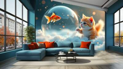 A kitten looks at a goldfish lying in a ball in the snow. Wall mural