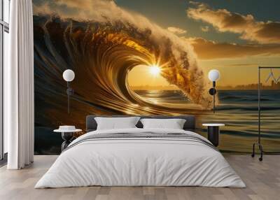 a large sea wave in close-up against the background of sunset Wall mural