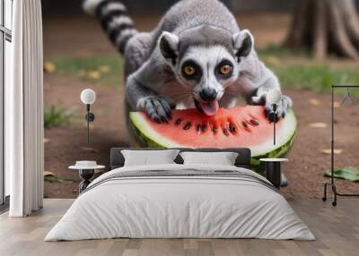 a lemur is eating a watermelon with its mouth open. Wall mural