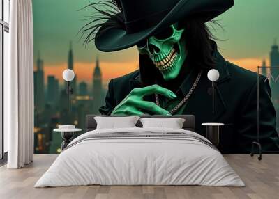 A monster with a green skull instead of a head, with green hands Wall mural