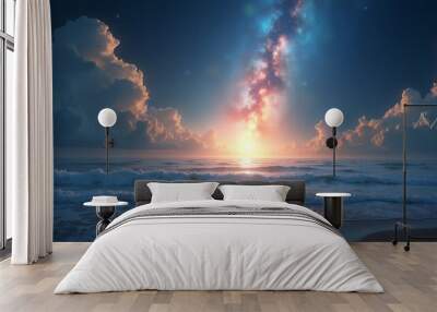 a sunset over the ocean with the sun shining through the clouds. Wall mural