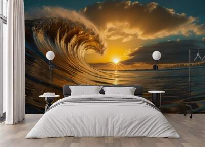 a sunset with a wave in the foreground and the sun behind it. Wall mural