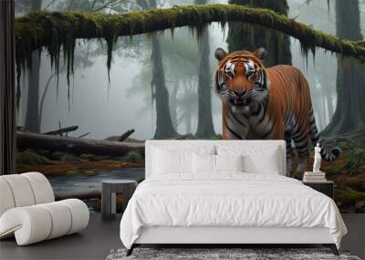 a tiger is standing in the woods with moss on the ground. Wall mural