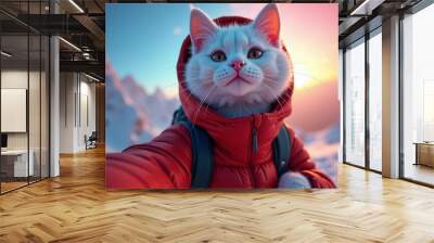 a white cat in a red jacket takes a selfie against the background of snowy mountains Wall mural