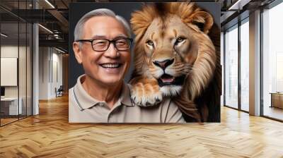 An elderly man poses with a lion, the lion puts his paw on his shoulder Wall mural