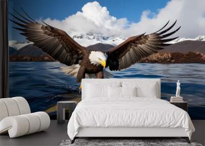 Bald eagle hunts fish in a mountain lake Wall mural