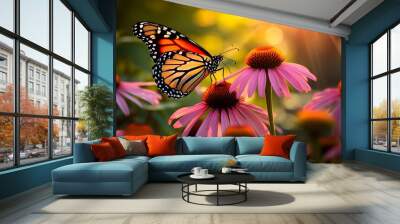 Butterfly near flowers on a sunny day Wall mural