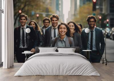 Cheerful group of young adult people wearing business suits laughing walking on downtown city street after getting off work Wall mural