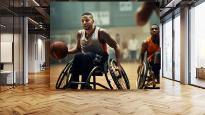 disabled player playing a basketball game with other people in a wheelchair. Generative AI Wall mural