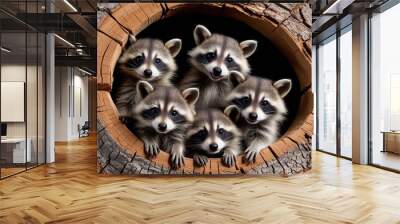 Five happy raccoons peek out of a large hollow in a tree Wall mural