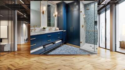 A modern bathroom with a blue cabinet, tile and stone back splash, and marble tiling the floor / shower Wall mural