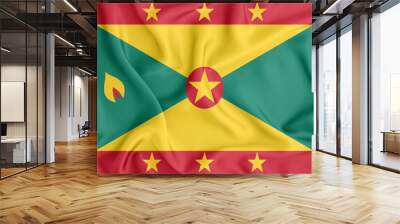 Grenada flag waving with the wind, wide format, 3D illustration rendring. Design with satin fabric. to be used for educational purposes or for illustrations of videos or vlogs. Wall mural