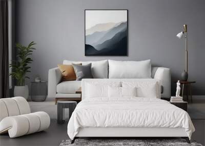 Wooden square coffee table near white sofa in room with grey wall with art poster. Minimalist elegant home interior design of modern living room. Wall mural