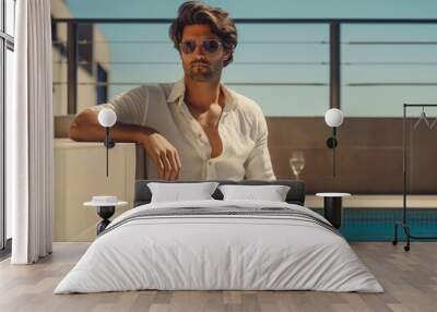 Handsome man in stylish summer attire relaxing by the poolside, exuding luxury and sophistication with sunglasses and a glass of white wine in the background, perfect for lifestyle and fashion ads. Wall mural