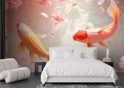 koi carp and a flower swim in the water, top view Wall mural