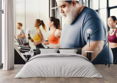 overweight person at the gym exercising on the treadmill. Generative AI Wall mural