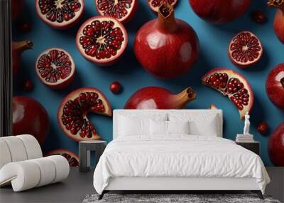 Ripe whole pomegranates and pomegranates cut in half. Bright red juicy pomegranates shimmer in the light Wall mural