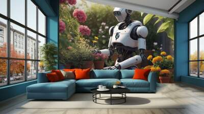 Robot and flowers in the garden. Concept of artificial intelligence. Wall mural