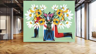 The arrival of spring makes all yourself bloom and flourish. Young woman appears among many beautiful flowers and a glass of water. Spring seasonal concept illustration. Wall mural