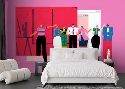 Virtual meeting party between teamwork fellow members. Social distance. Telecommuting. Wall mural