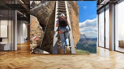 Dolomiti - hiker on wooden ladder Wall mural