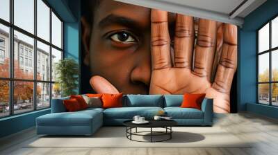 A close-up image of a young adult black man with one hand covering half of his face, revealing only one eye and creating an intimate portrait. Wall mural