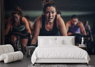 Portrait of sporty women using exercise bike in fitness studio. Wall mural