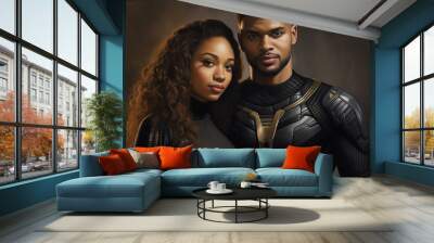 Super human couple with black and gold super suits standing together ready. Female superhuman with long black flowing curly hair and Male superhuman with stylish fade and clean cut beard and mustache Wall mural