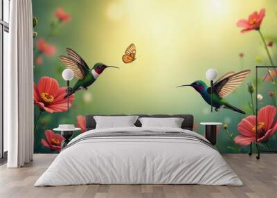 Two birds of calibre fly in the field with butterflies Wall mural