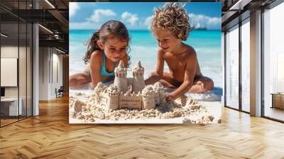 Two children building a sandcastle on the beach. Summer, holiday and vacation concept. Wall mural