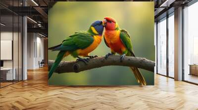 Two colorful parrots are sitting on a branch, one is picking at the other's head with its beak Wall mural