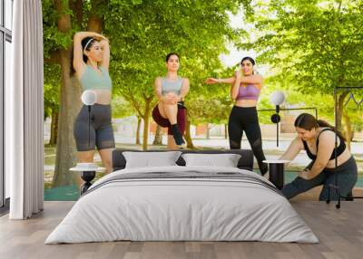 Active latin women with diverse bodies stretching before running Wall mural