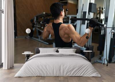 Atractive man exercising with a pulley machine Wall mural