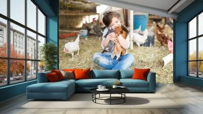 Happy Girl In Love With Chickens Wall mural