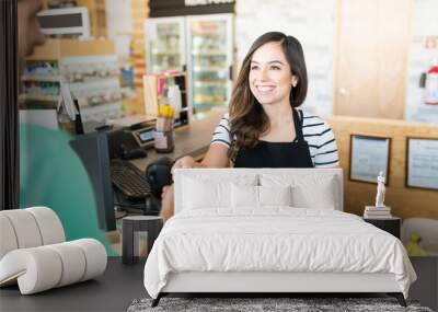 Male Buyer With Owner At Checkout Counter Wall mural