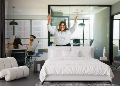 Plus size female professional dancing and celebrating her promotion Wall mural