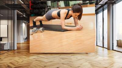 Pretty woman doing planks at a gym Wall mural