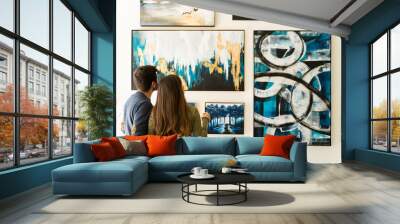 Rear view of a young woman and guy admiring the paintings of an art exhibition Wall mural